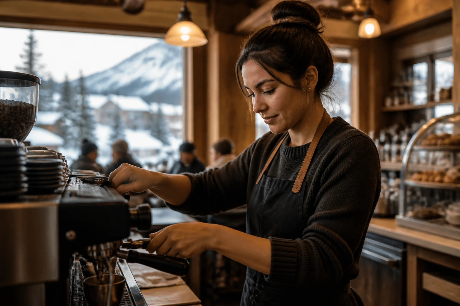 Barista at mountain-town cafe counter with snowy landscape visible through window