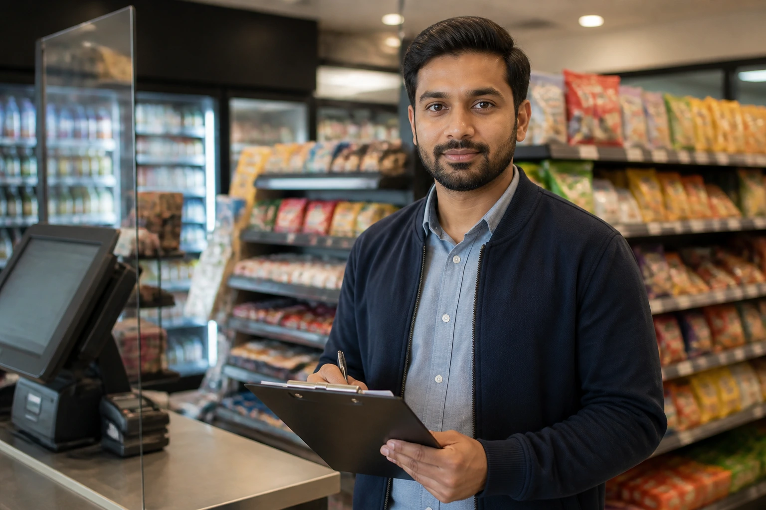 Close-up of a professional in a store holding a clipboard, symbolizing LMIA sponsorship in Canadian retail