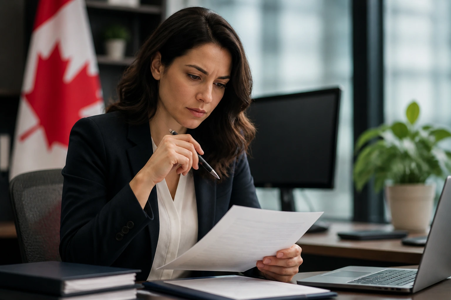 Professional evaluating LMIA-related documents in an office