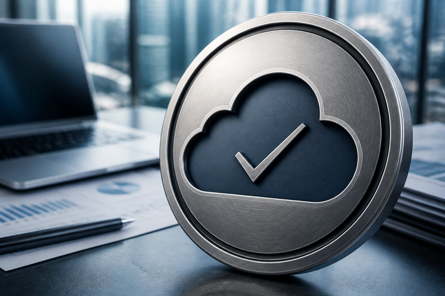 Close-up of an abstract seal with a cloud motif suggesting LMIA sponsorship on a blurred office desk