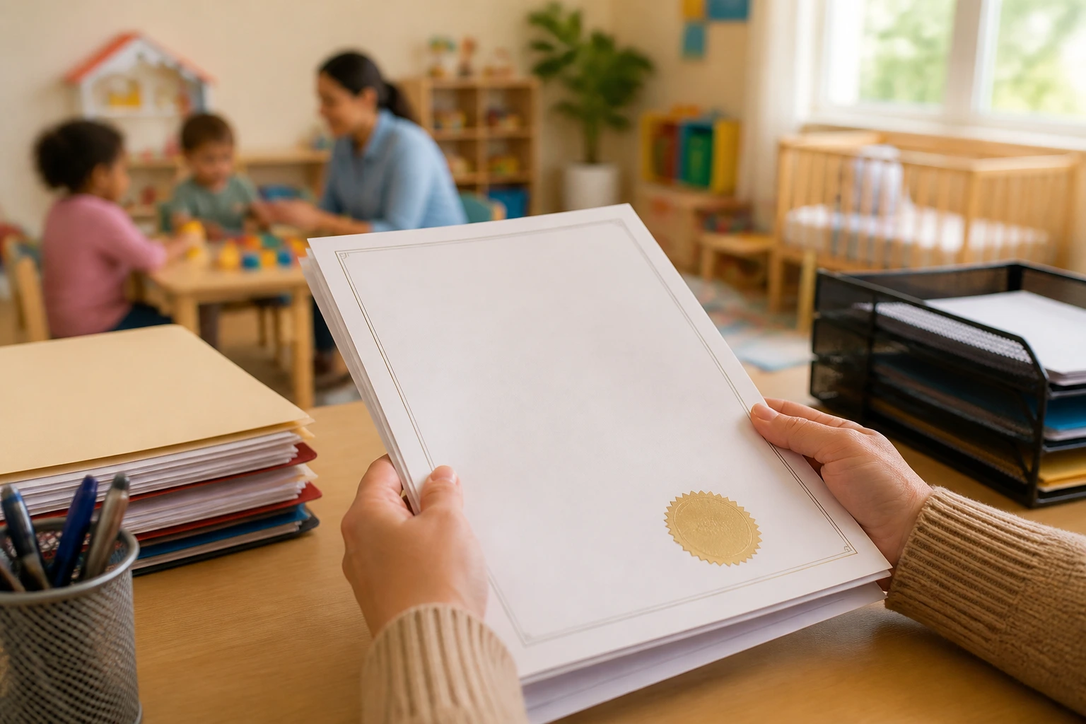 Close-up of hands holding a blank document with an official seal, symbolizing LMIA sponsorship in daycare hiring