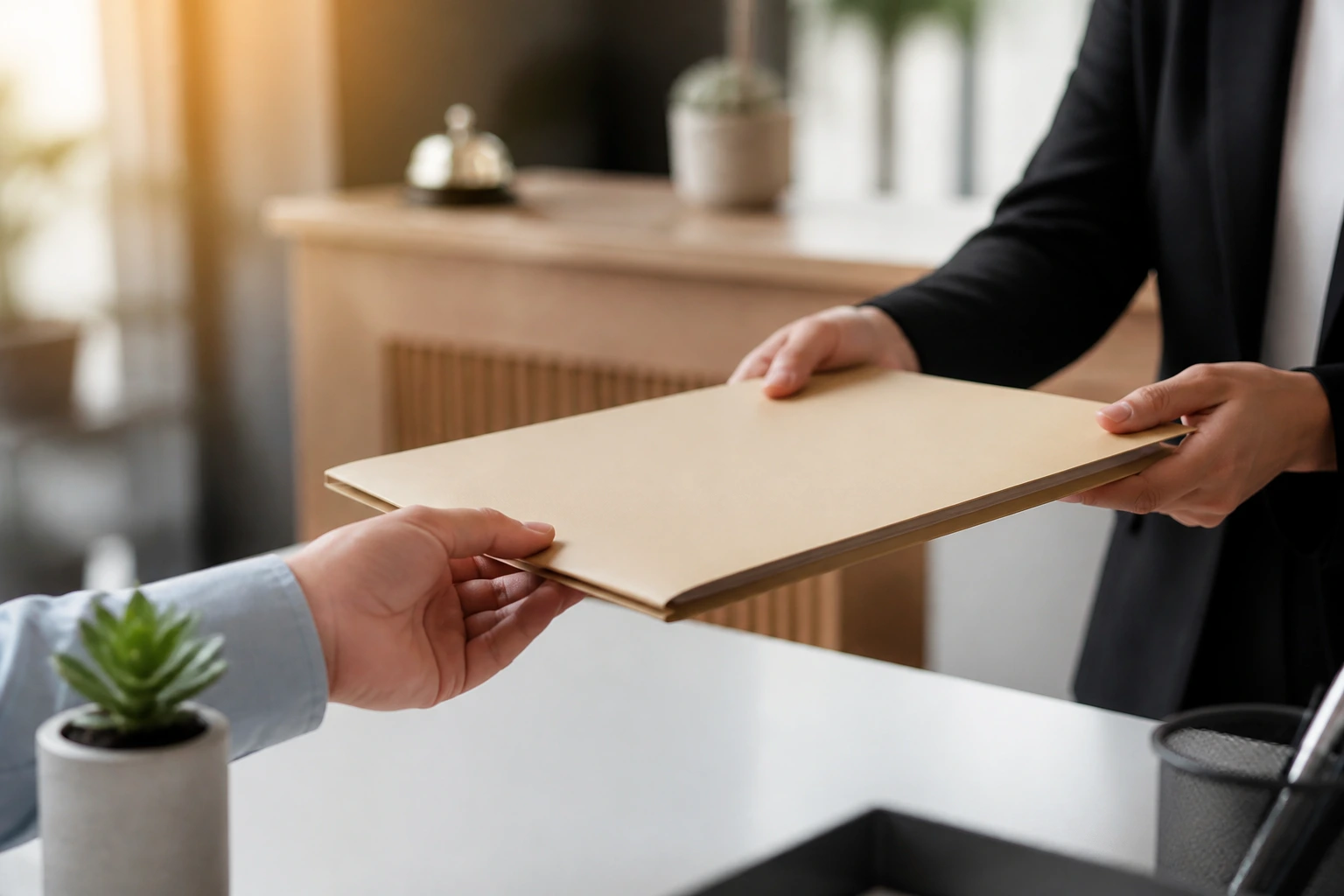 Close-up of hands exchanging a folder on an office desk, symbolizing LMIA sponsorship