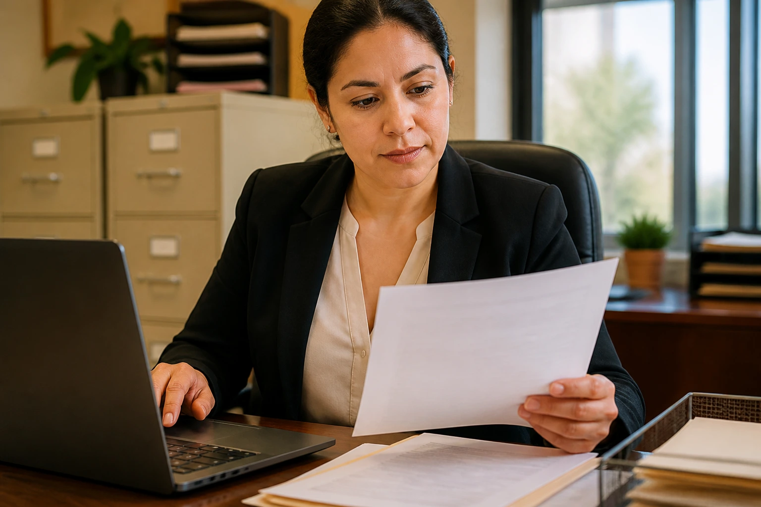 HR professional in an office reviewing recruitment documents