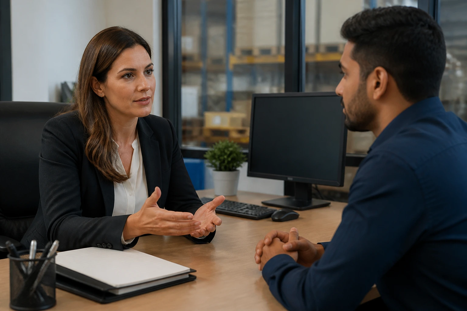 HR manager discusses sponsorship with candidate in a modern office