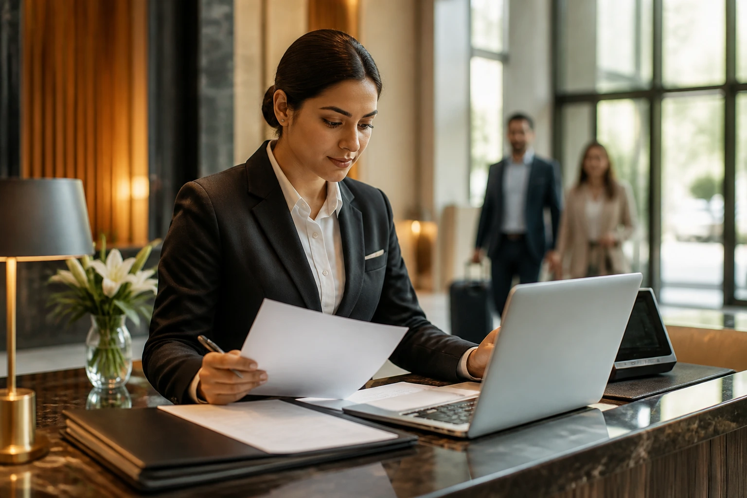 Professional reviewing LMIA-related documents in an office