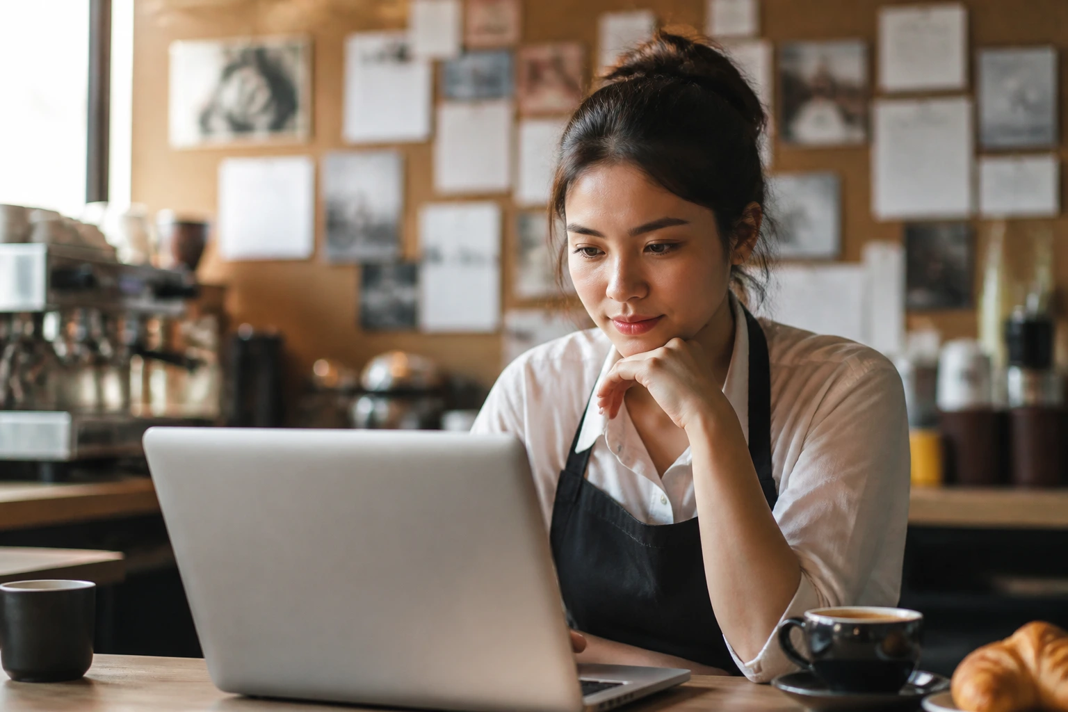 Person at cafe using laptop researching LMIA sponsorship job postings
