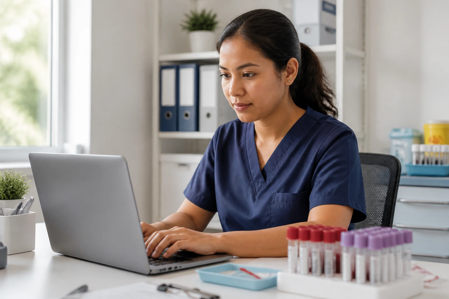 Phlebotomist researching LMIA sponsorship job sources at a desk