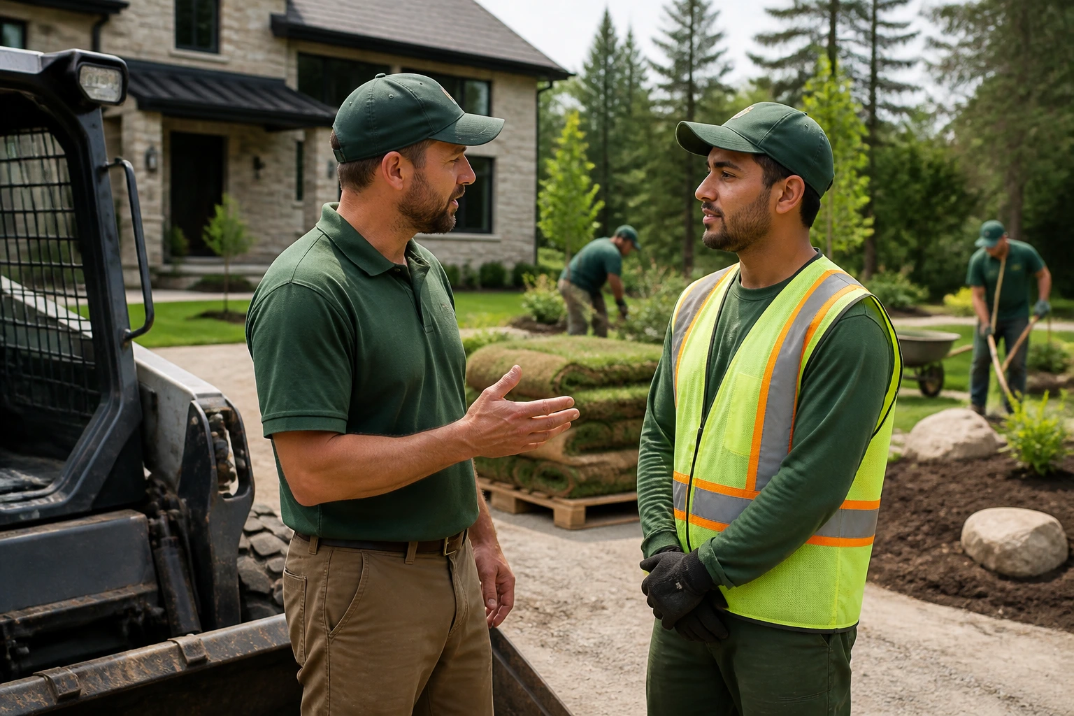 Employer and candidate discuss LMIA sponsorship at a landscaping site