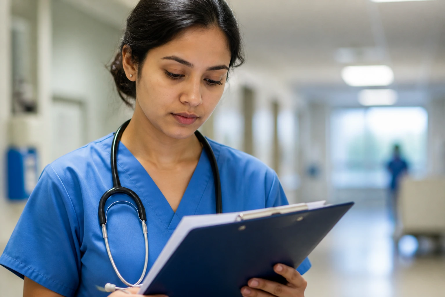 Nurse reviewing LMIA sponsorship documents in a hospital corridor.
