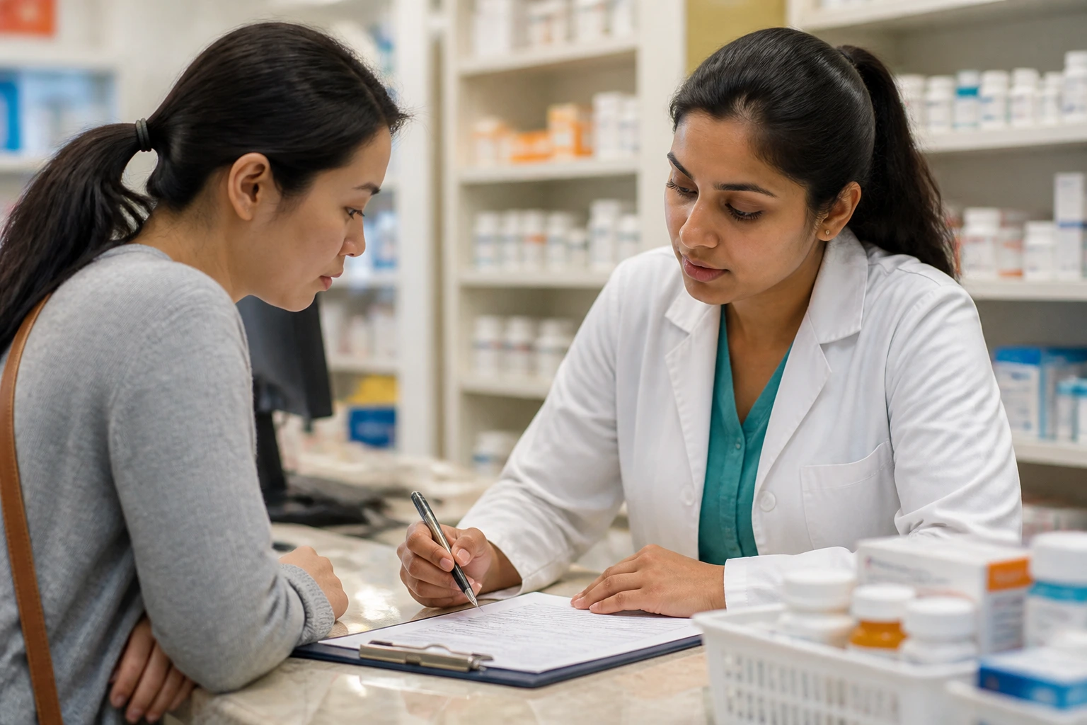 Close-up of hands handling documents at a Canadian pharmacy counter