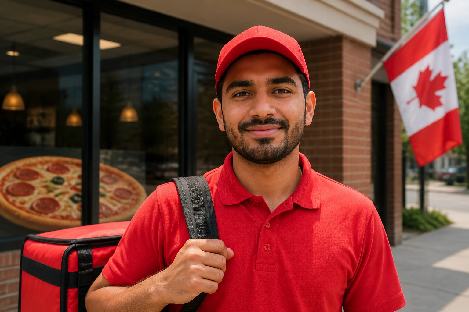 Portrait of a delivery driver outside a Canadian pizza shop