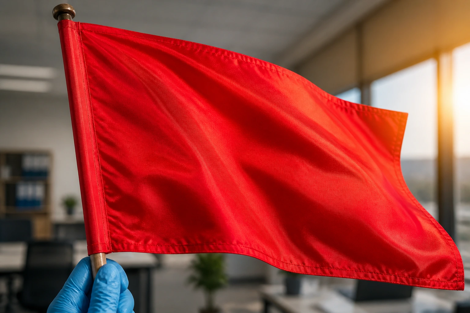 Close-up of a red flag signaling LMIA sponsorship scam indicators in an office setting
