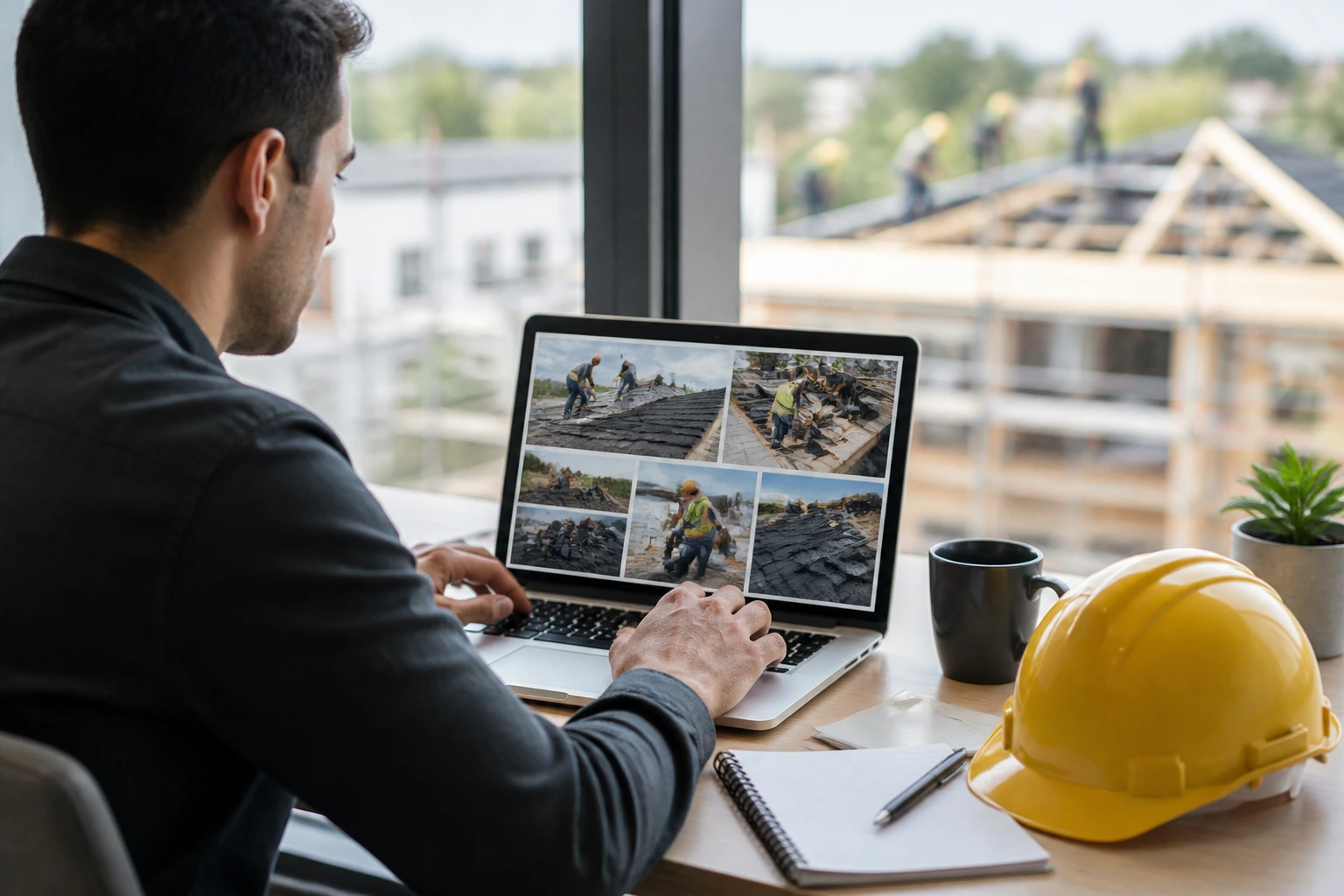 Person researching roofer jobs with LMIA sponsorship on laptop