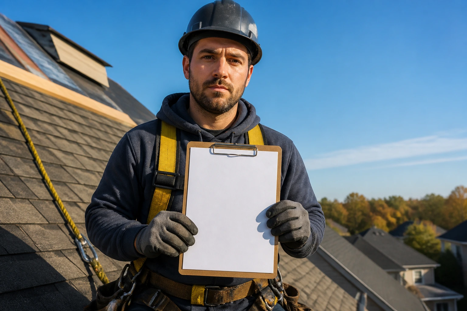 Roofer on a roof holding a blank clipboard under a blue sky