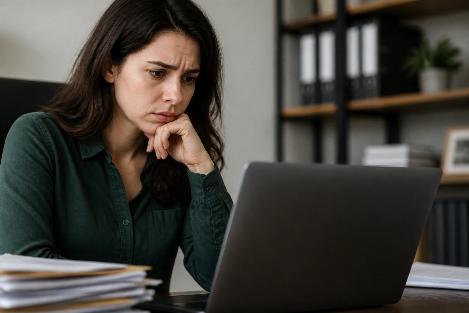 Wary job seeker checking a laptop in an office, illustrating LMIA sponsorship red flags