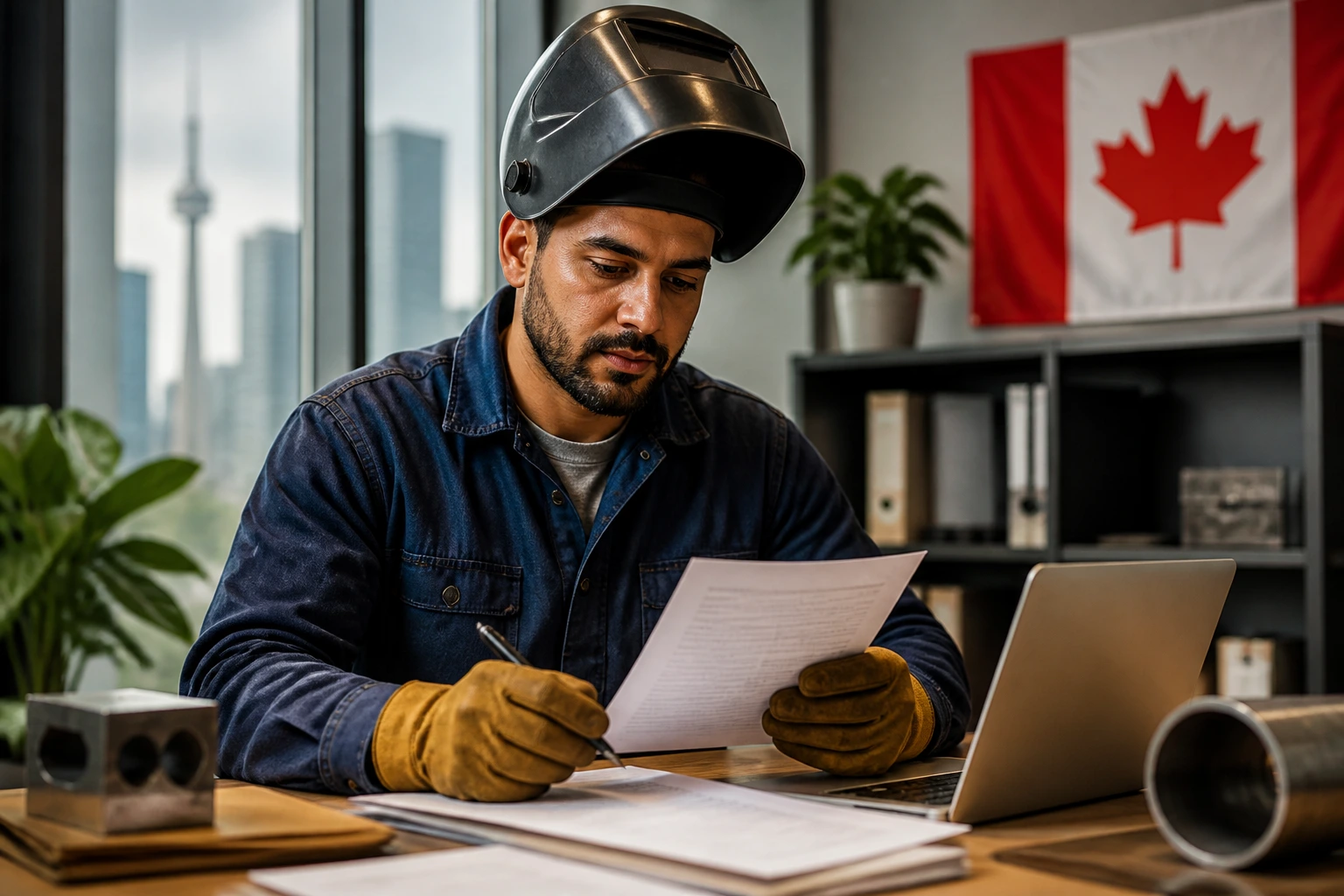 Welder at a desk reviewing documents in office