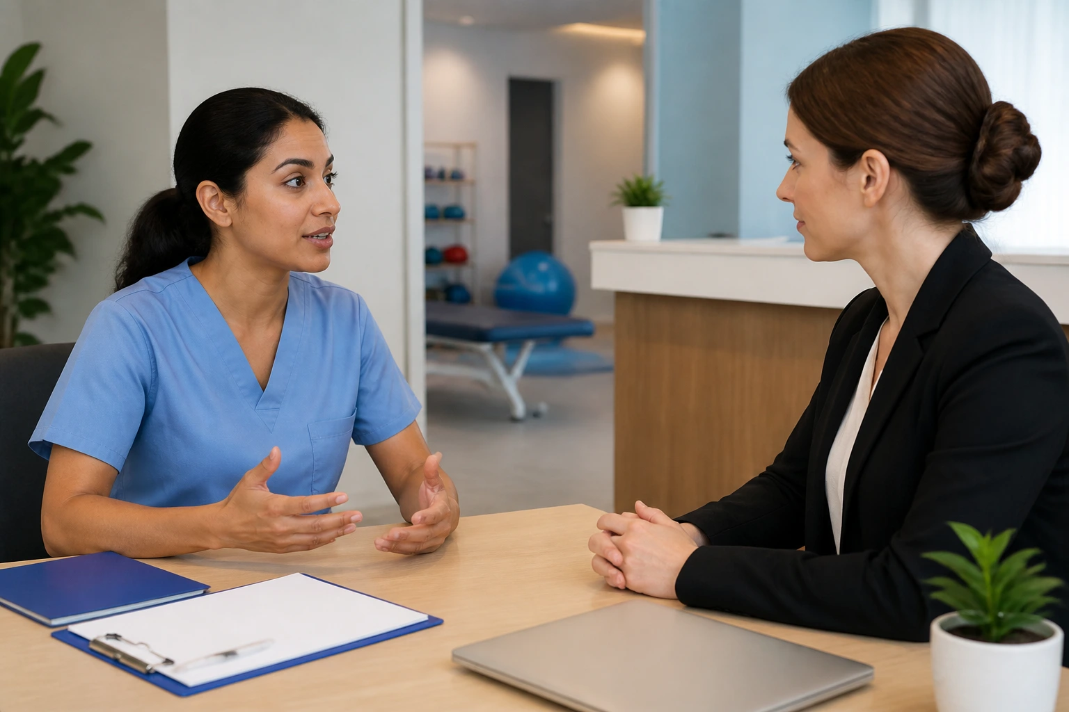Clinician and HR representative discussing LMIA readiness in a clinic