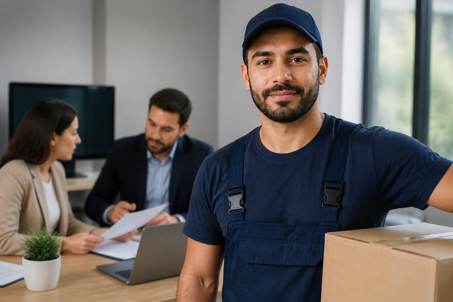 Mover in an office setting with desk and blurred paperwork