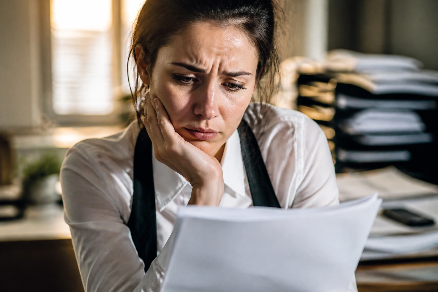 Close-up of a stressed job applicant's face in an office, illustrating common sponsorship issues