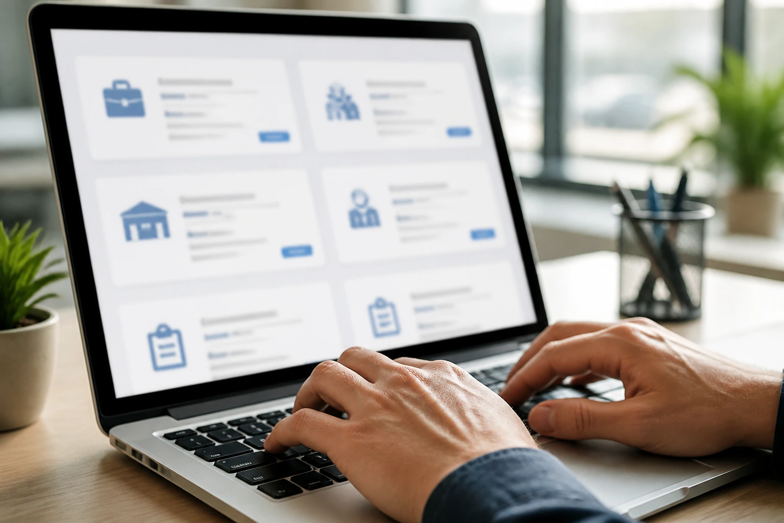 Close-up of hands on a laptop with blurred job postings icons, representing legitimate LMIA warehouse listings in Canada