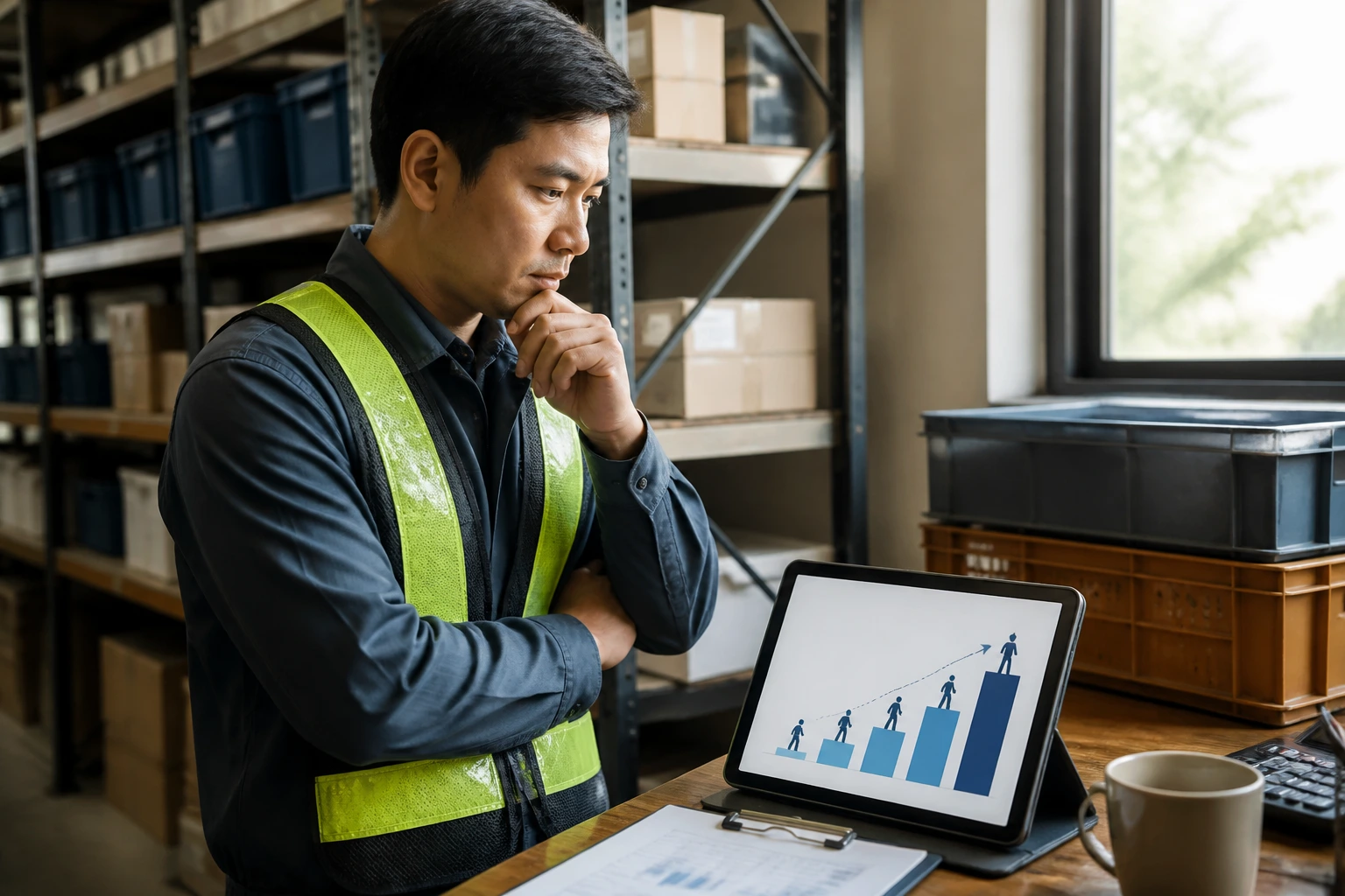 Person evaluating long-term LMIA sponsorship options in warehouse office.