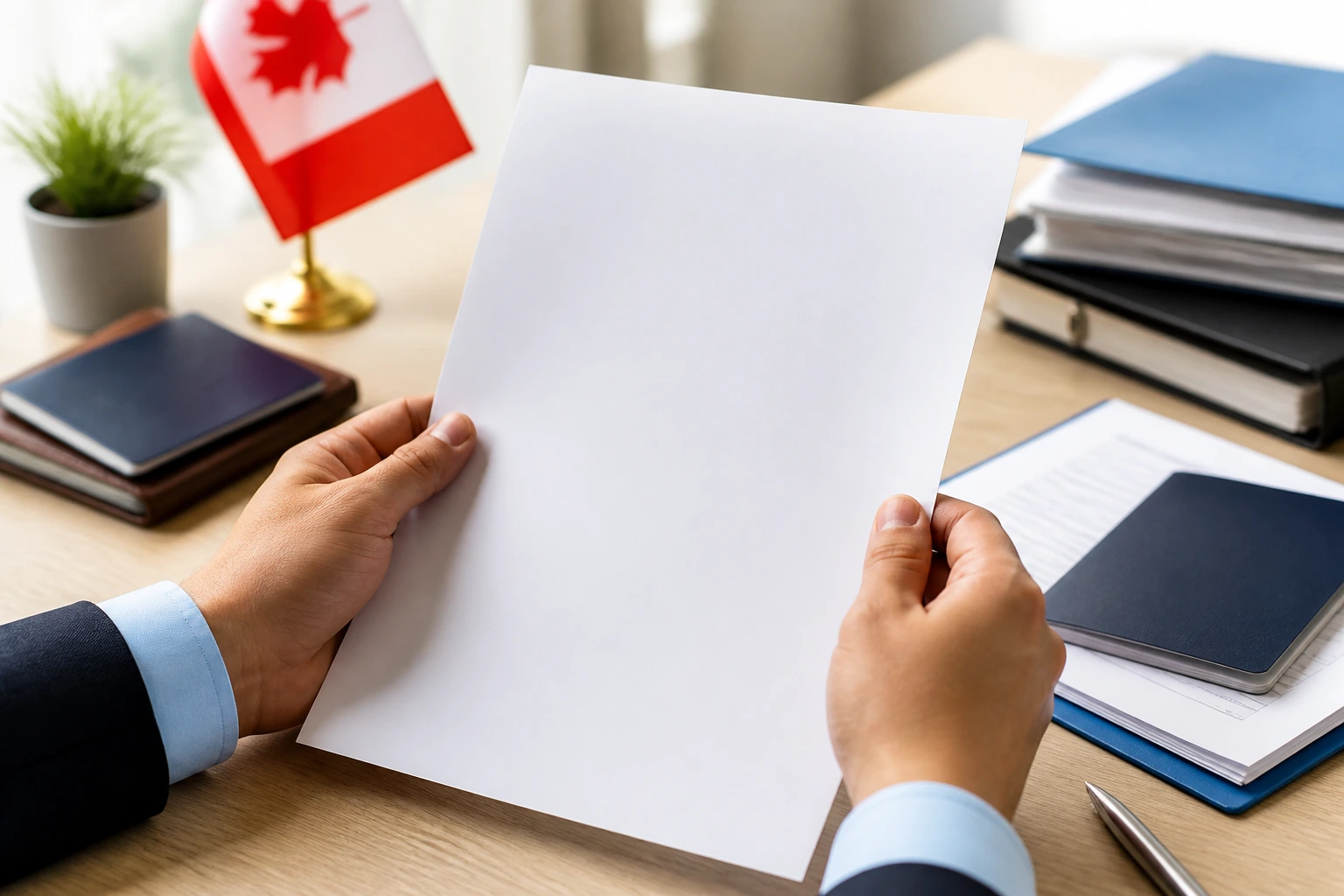 Hands holding a blank document in a professional setting.