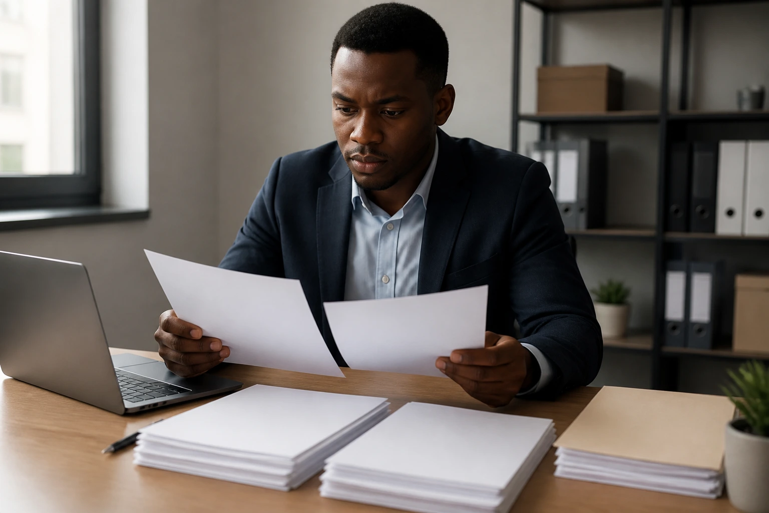Person at a desk with blank documents and a laptop in an office setting