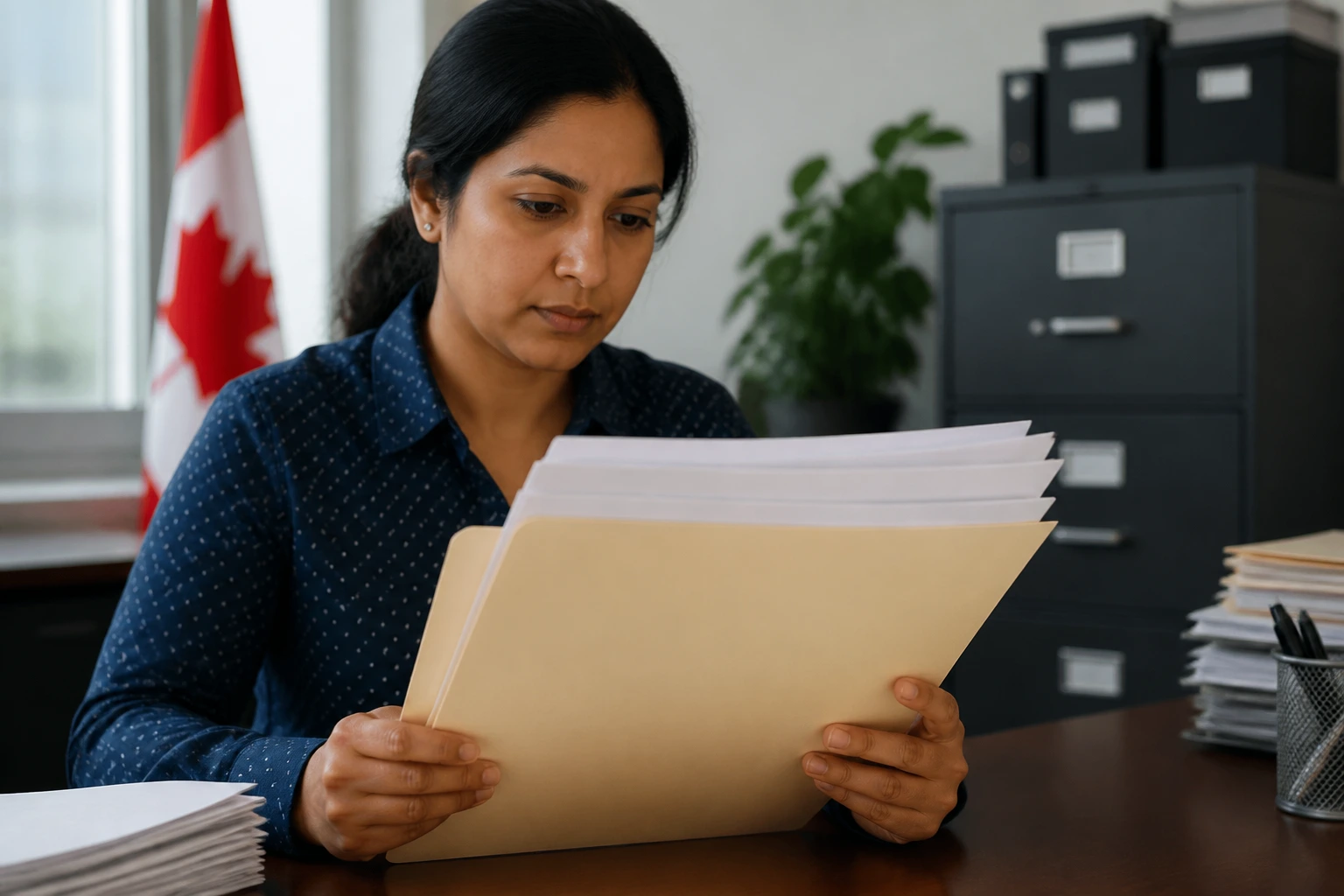 Applicant organizing LMIA and work permit documents in a Canadian office.