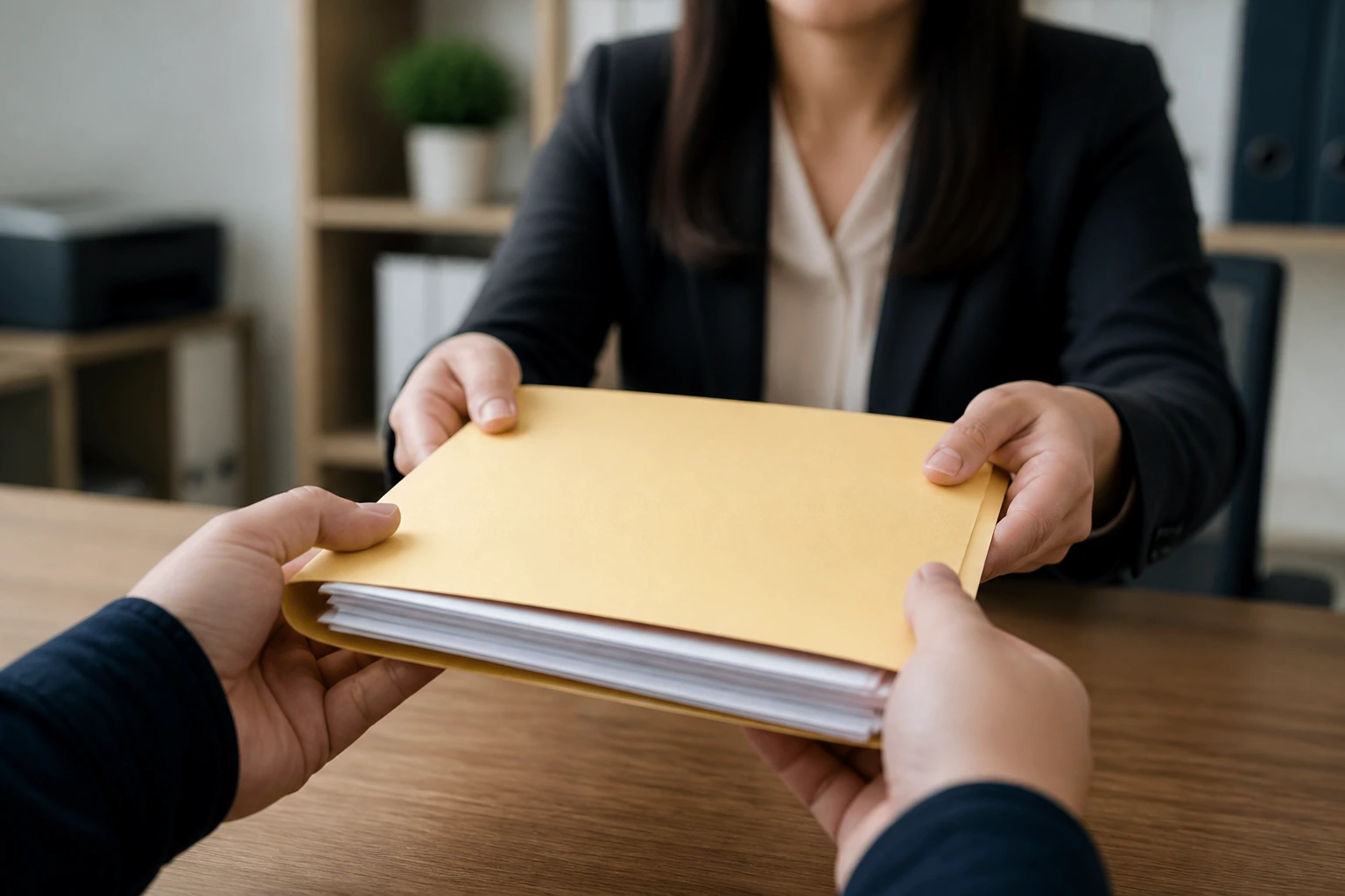 Close-up of a folder exchange for job offer documents in an office