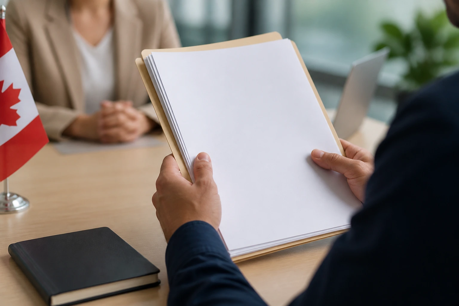 Hands holding a folder of blank documents in an immigration office