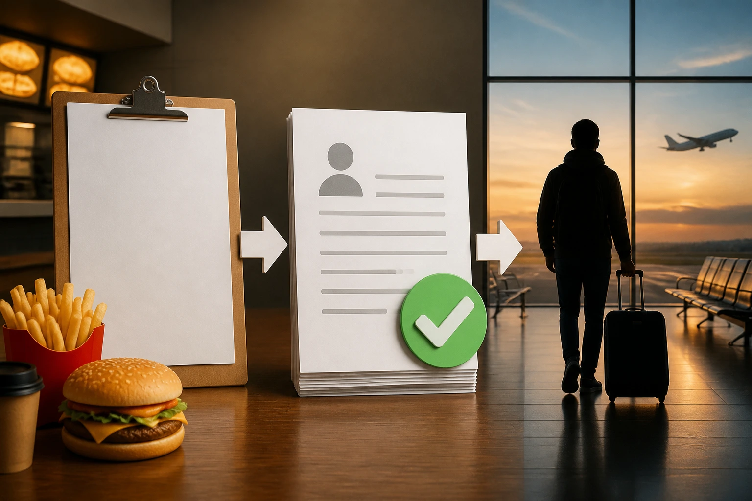 Illustration of the posting to work permit process using icons on a desk
