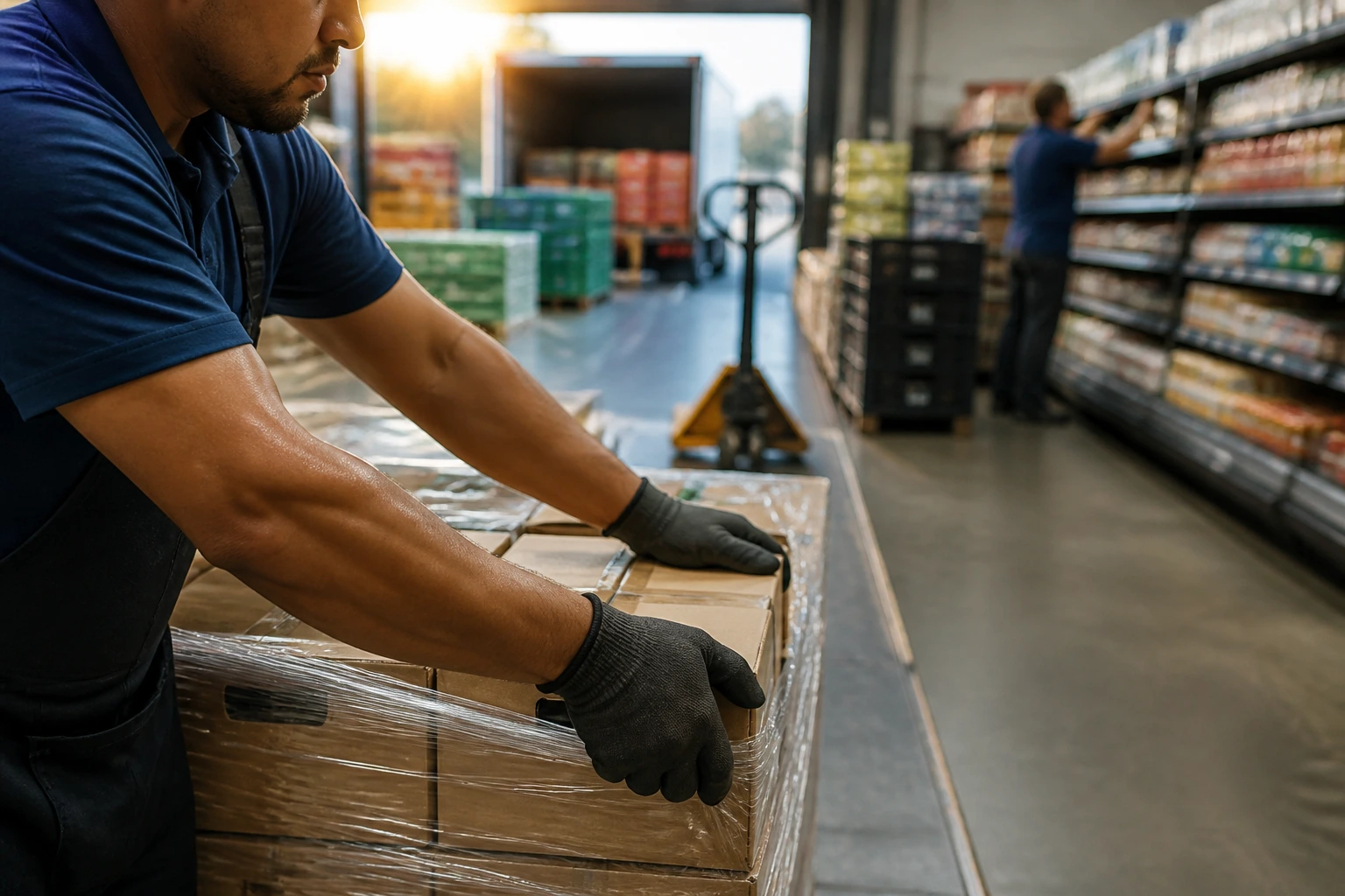 Close-up of a stocker unloading a pallet on a loading dock with shelves in the background