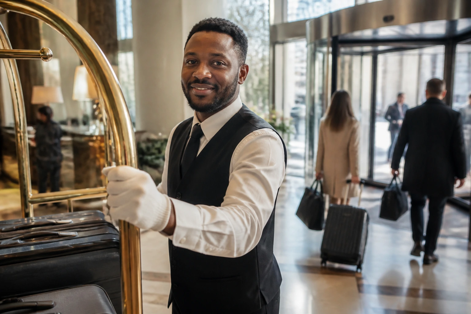 Close-up of a UK hotel porter in uniform assisting guests in a busy lobby