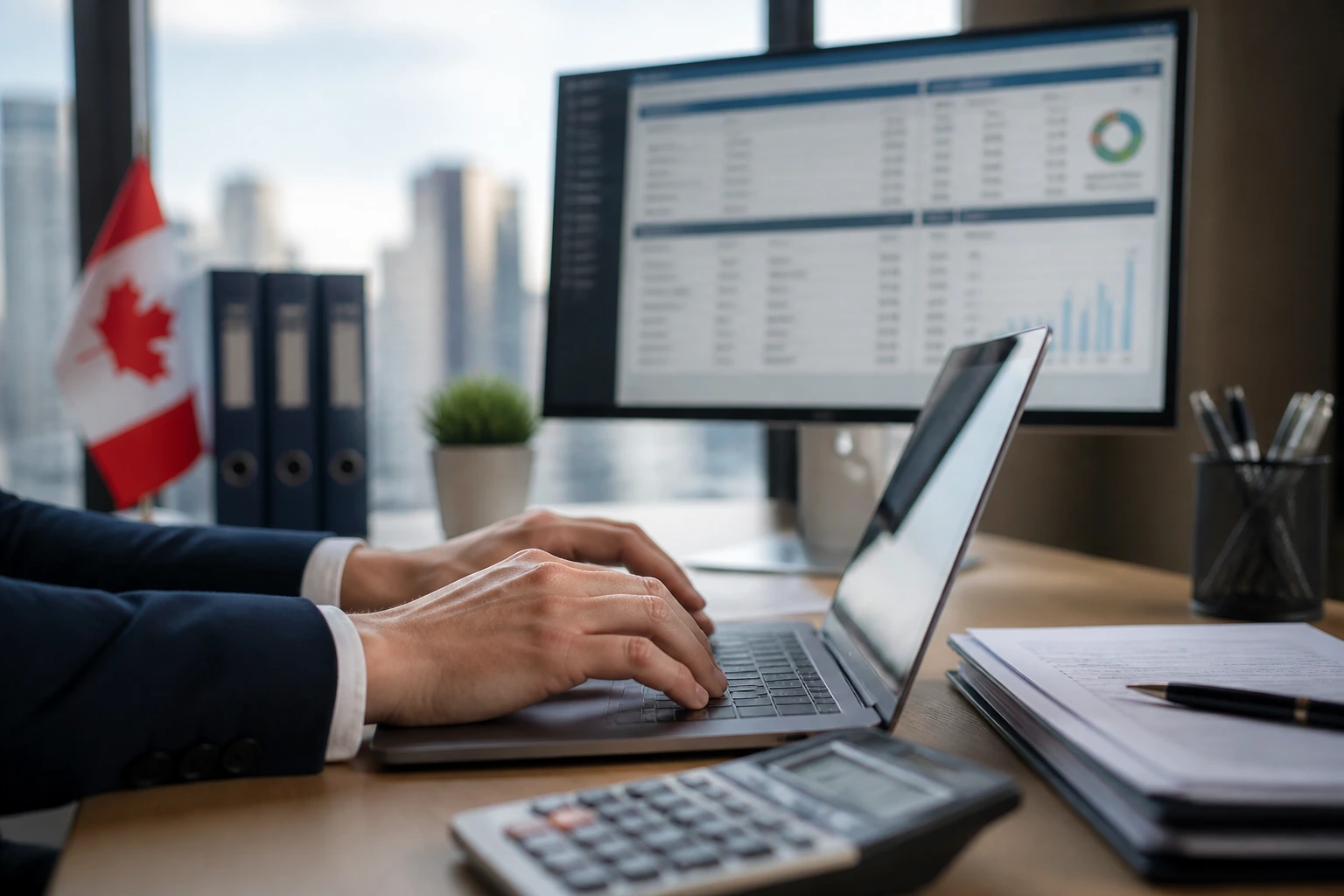 Close-up of hands on laptop keyboard in an office, accountant using local software