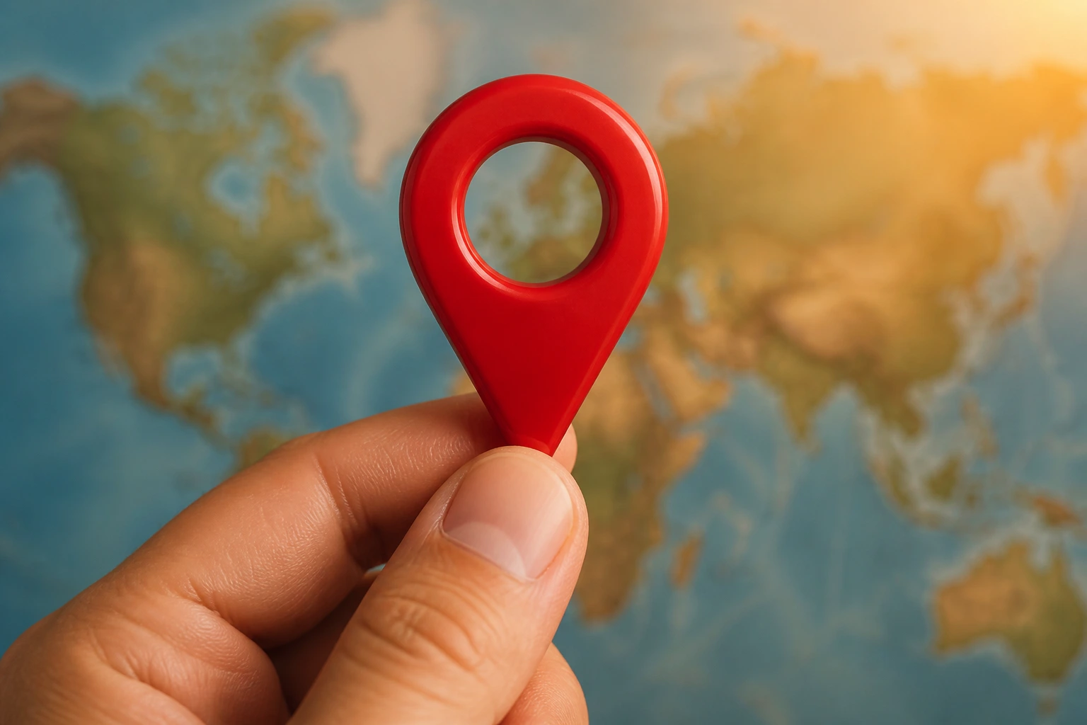 Close-up map pin icon held against a blurred world map.