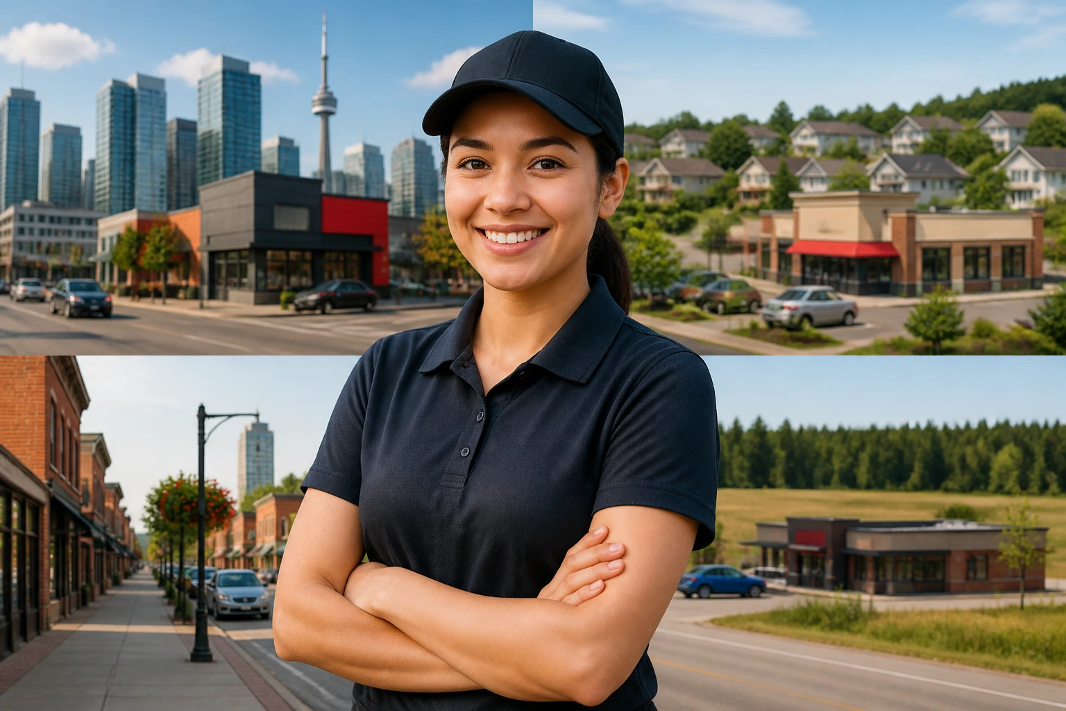Portrait of a fast-food crew member in uniform in an urban-suburban setting suggesting common job locations.
