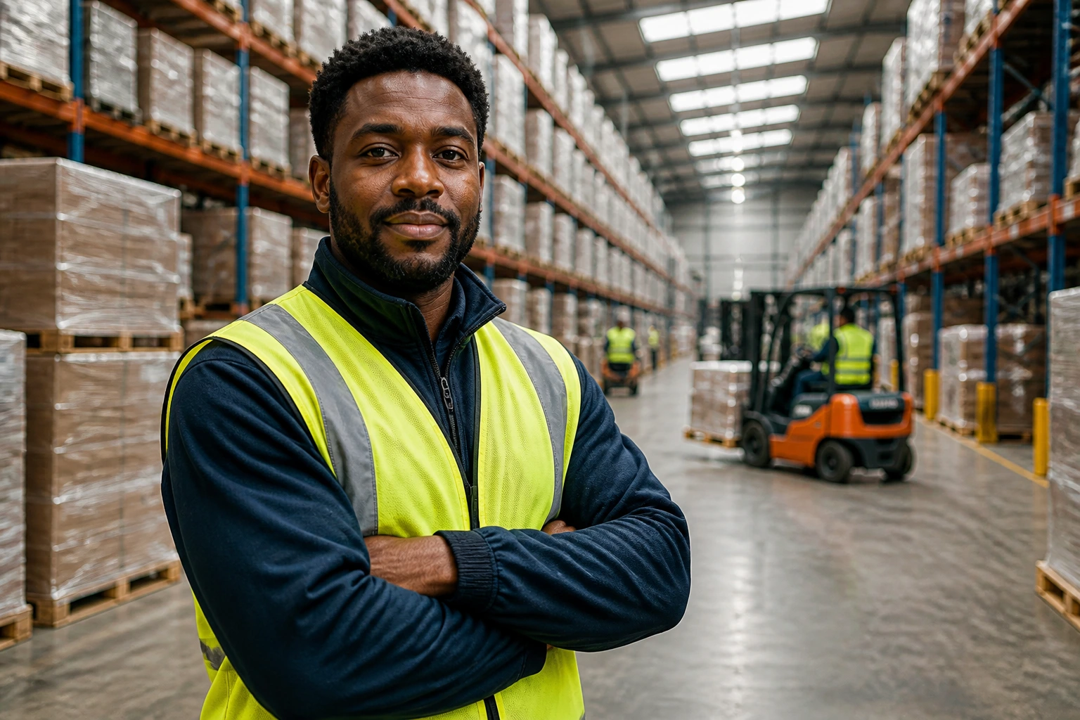 Warehouse worker in hi-vis standing in a busy UK distribution centre corridor.