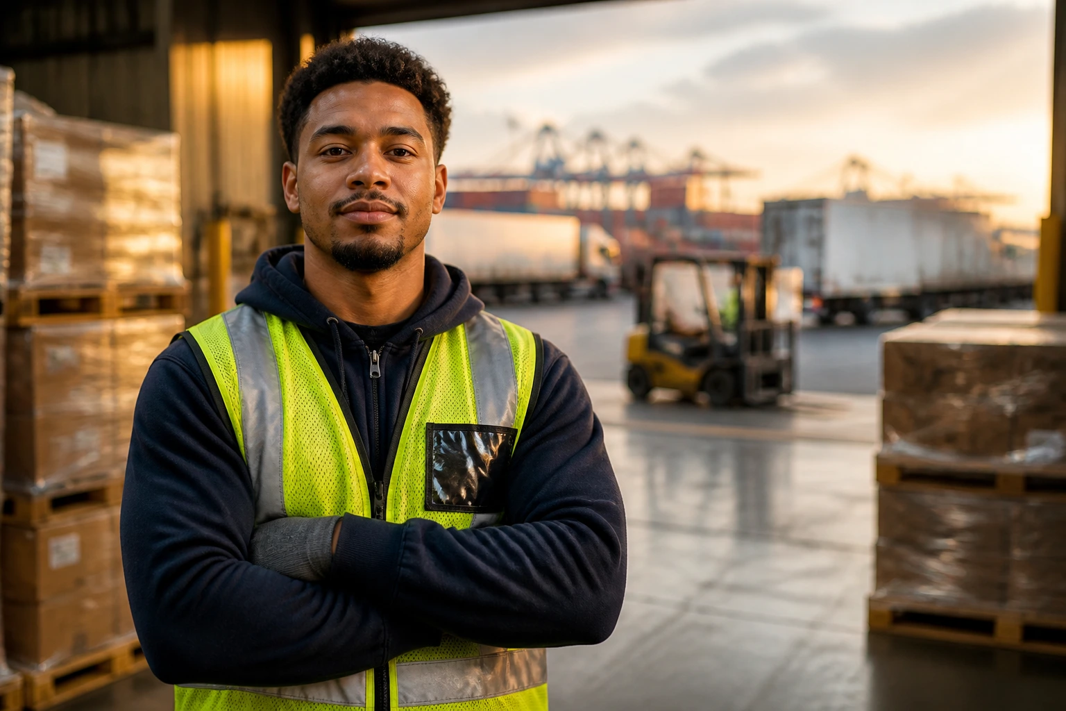 Warehouse worker in front of a logistics hub backdrop