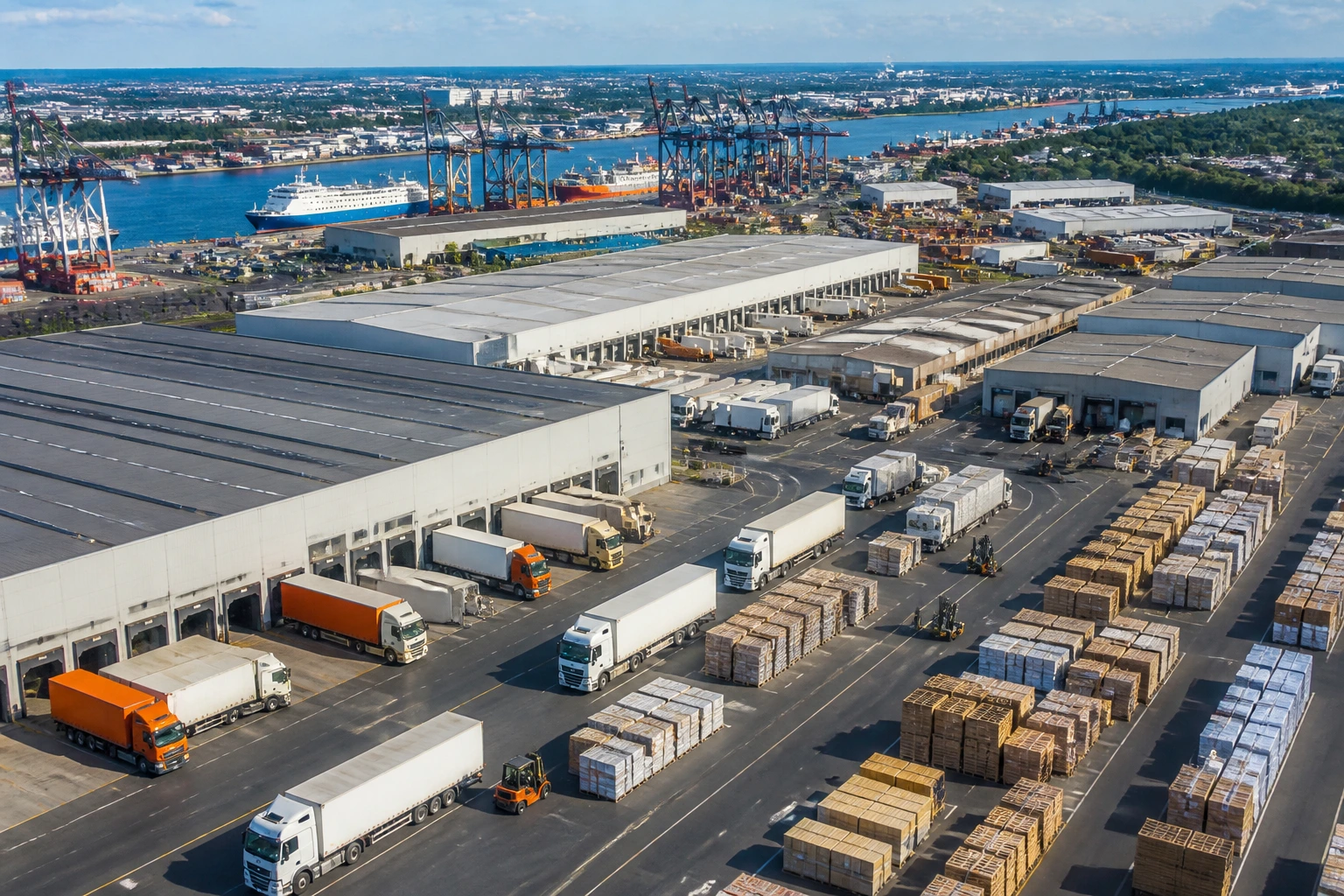 Panoramic view of a busy logistics hub with warehouses, loading docks, and distant port cranes.