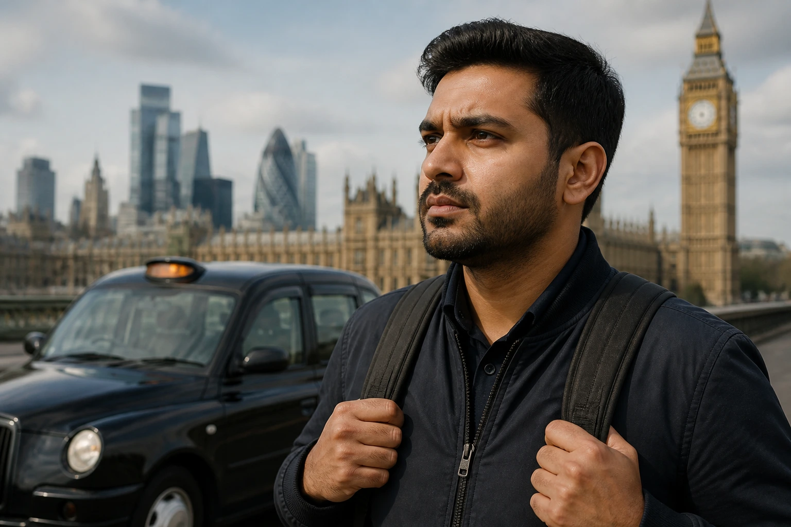 Portrait of a determined applicant with London skyline silhouette behind.