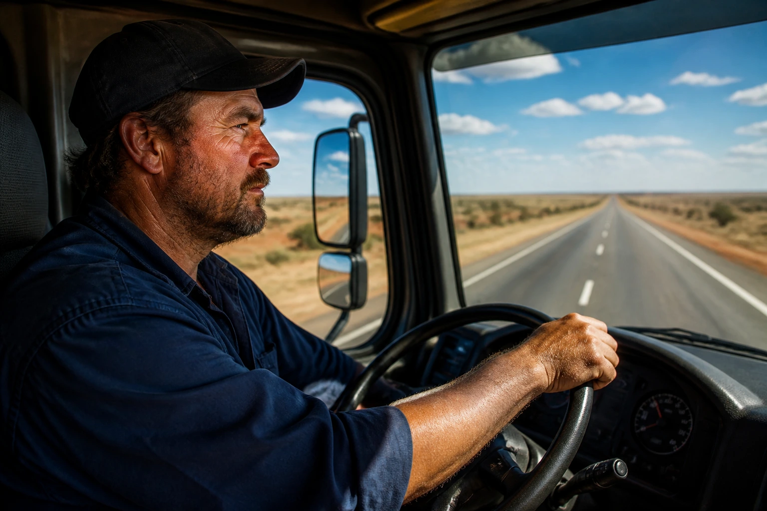 Driver in cab with long open road ahead, illustrating long-haul versus local distribution.