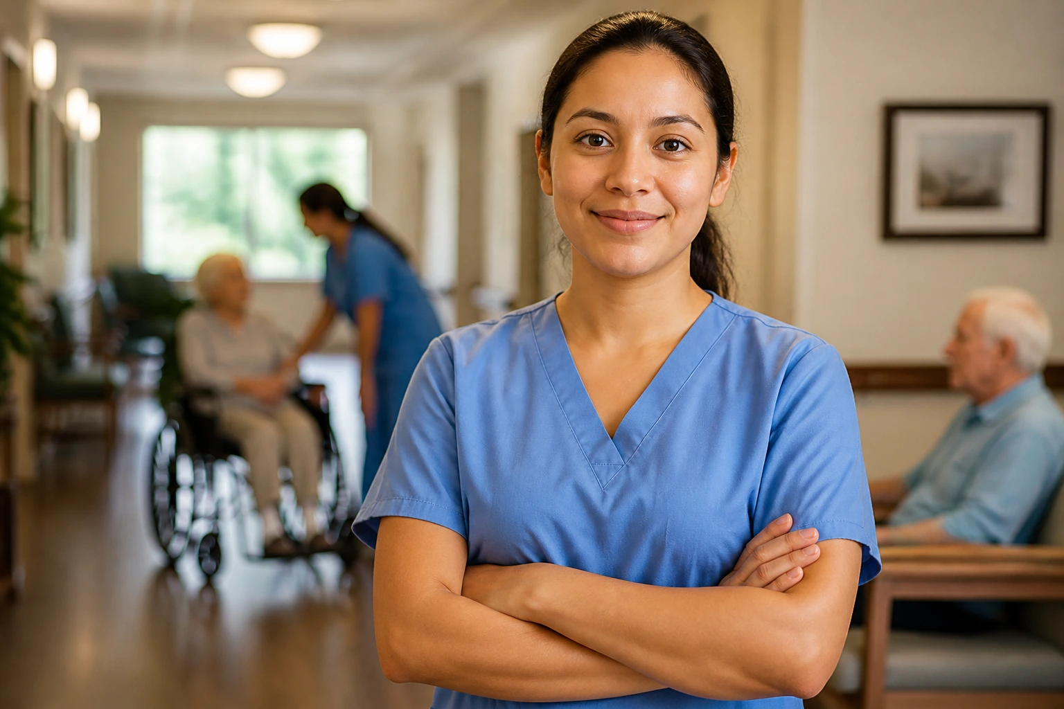 CNA standing in long-term care facility corridor
