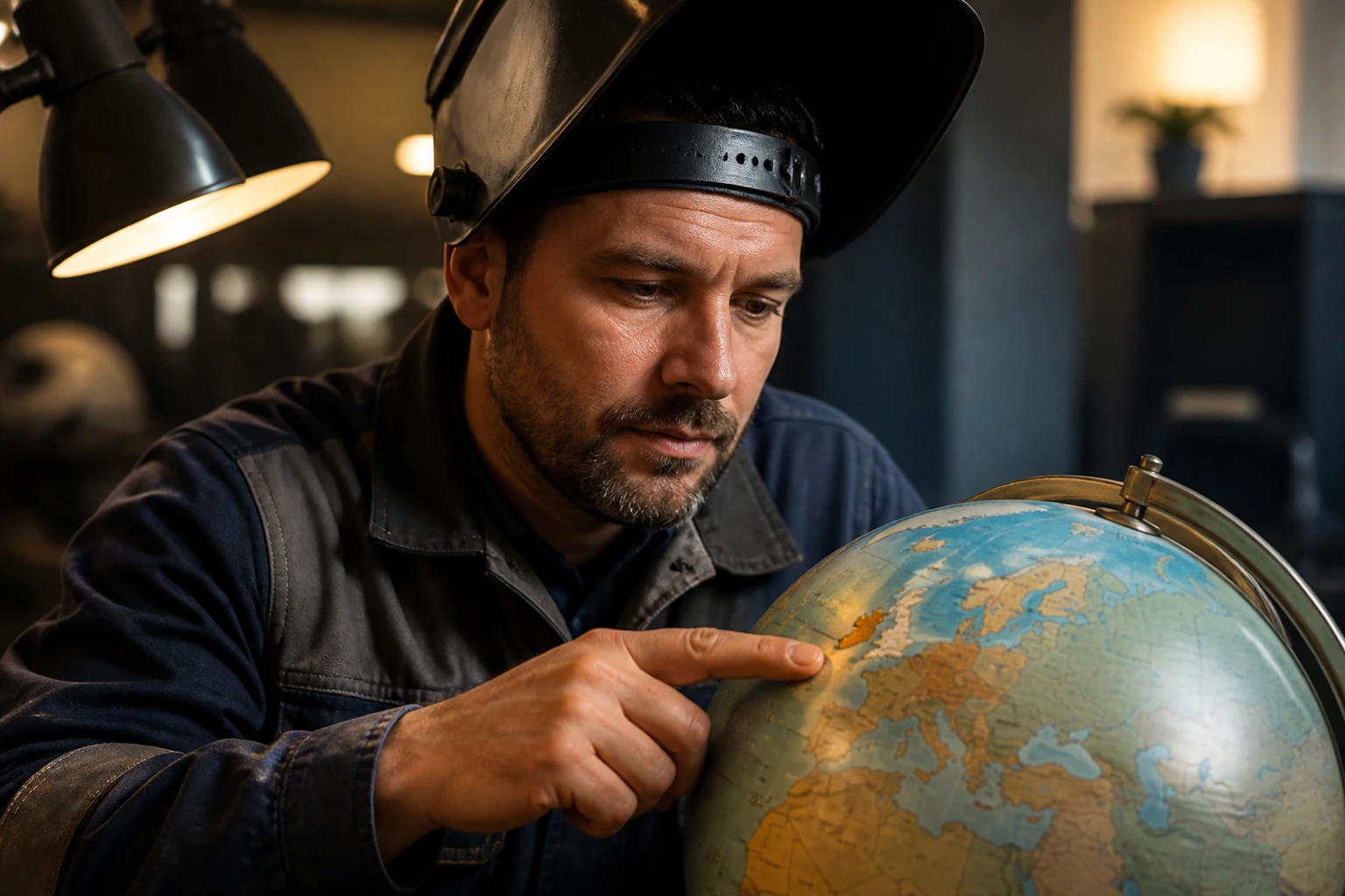 Welder planning long-term settlement with map, no text visible
