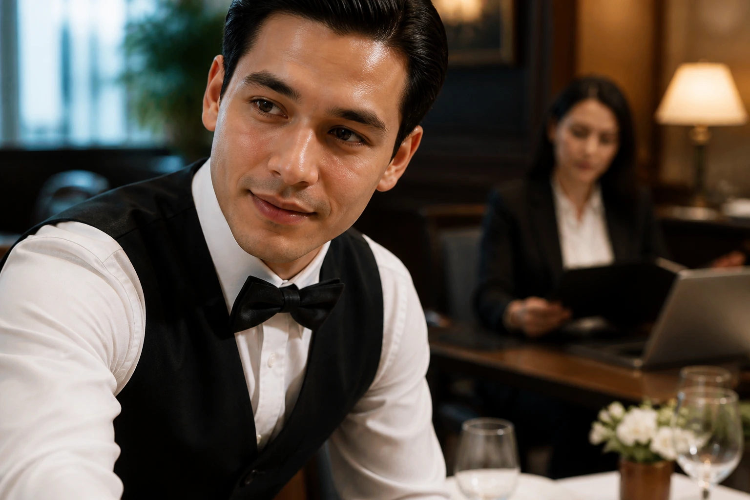 Waiter in restaurant with distant HR figure behind