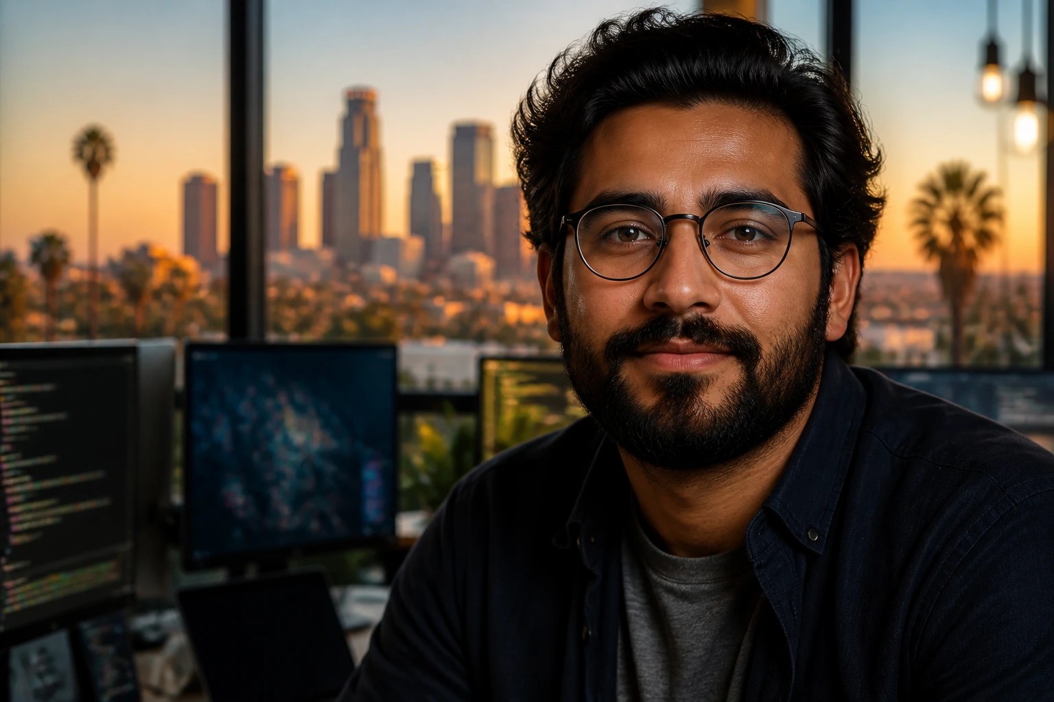 Close-up of a software engineer with the Los Angeles skyline through a window, symbolizing entertainment-tech sponsorship.