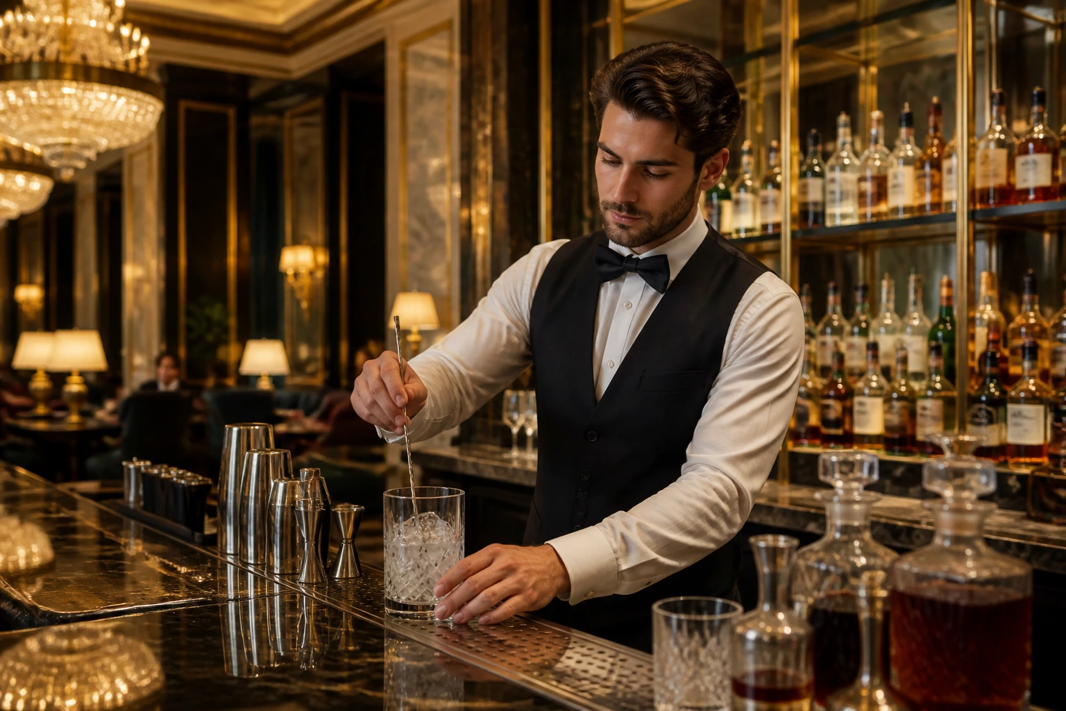Bartender behind gleaming luxury hotel bar with upscale lounge background.
