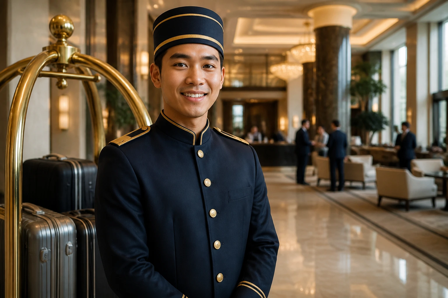 Polished bellhop in grand hotel lobby near airport and resort environments