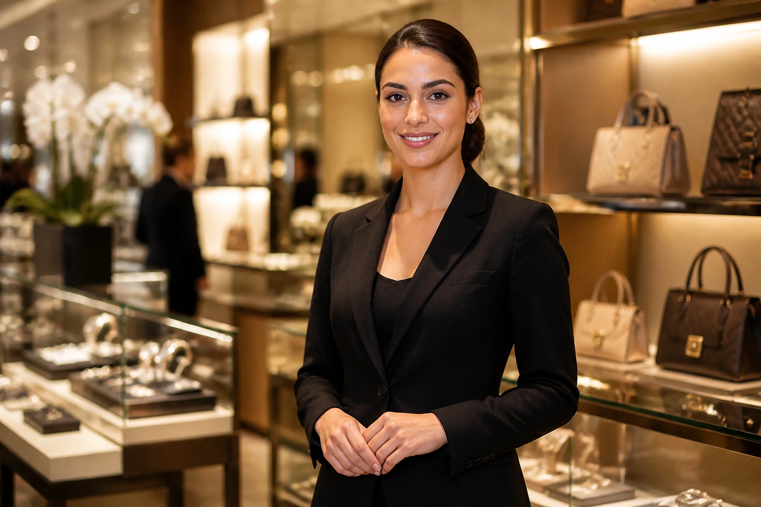 Multilingual retail worker in a luxury store setting