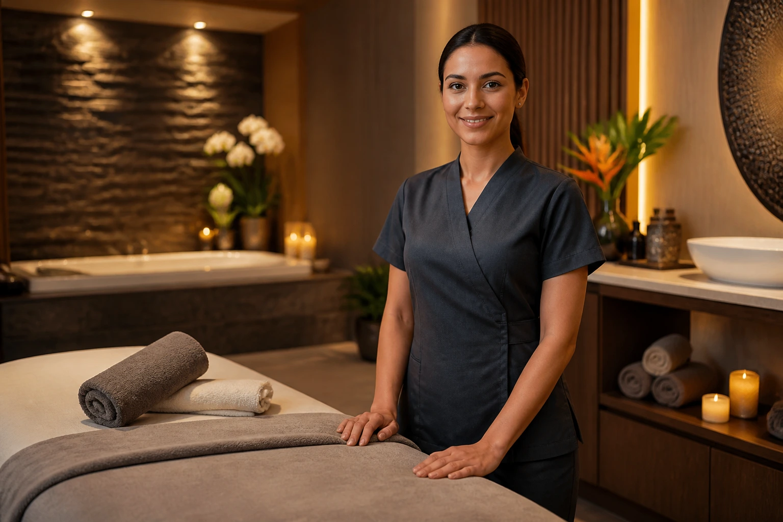 Therapist in a luxurious spa setting showing sponsorship-friendly environment