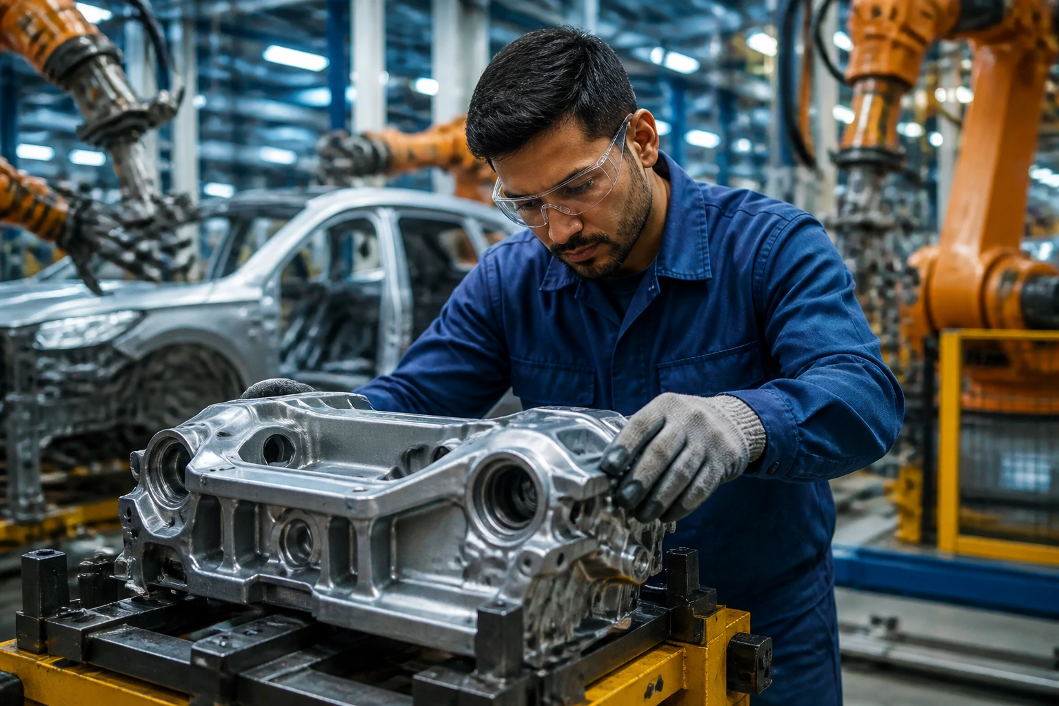 Manufacturing engineer inspecting car component on Magna assembly line.
